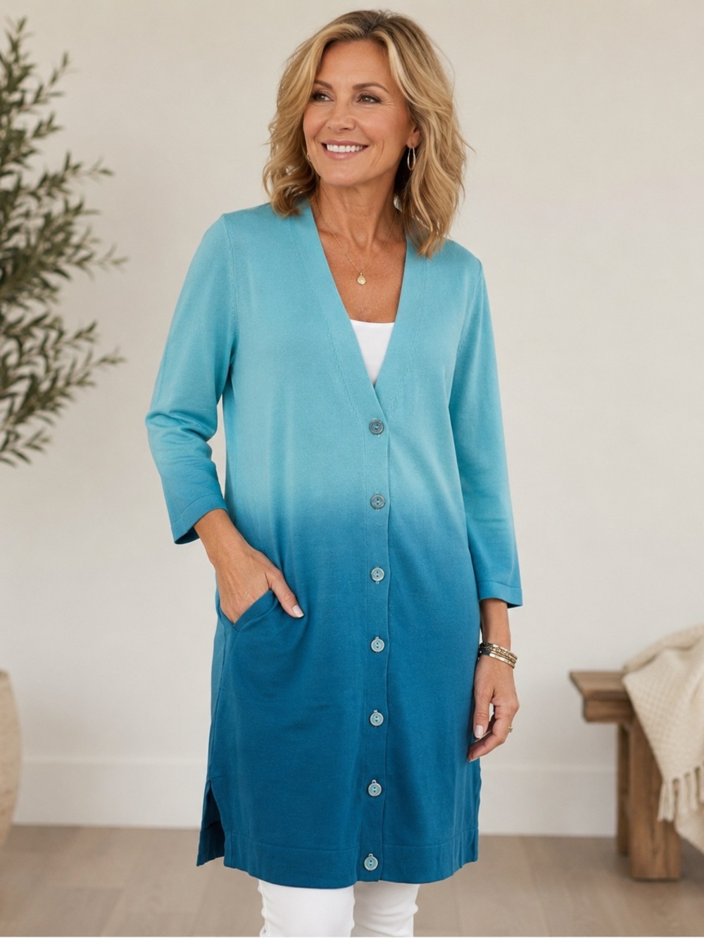 NWT Isaac Mizrah Live Blue Ombre’ Cardigan Resortwear Cruise Coastal Casual Chic